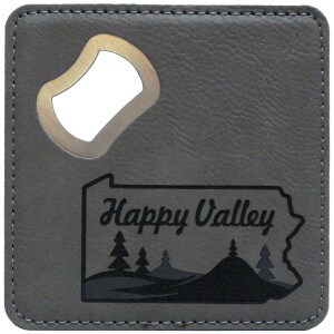 metal coaster/bottle opener wrapped in gray leather with Happy Valley graphic